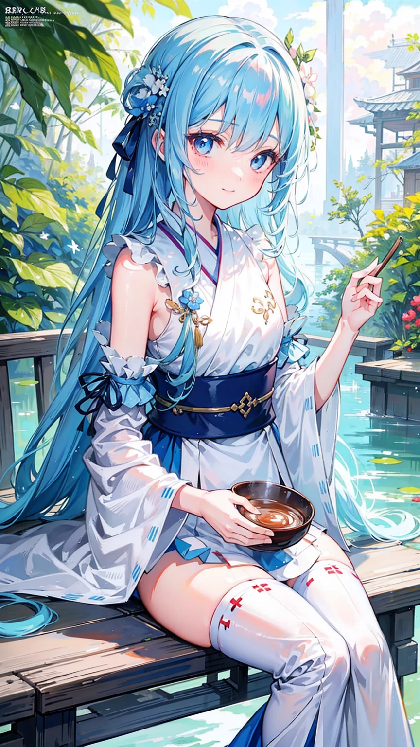 masterpiece, best quality, Official Art, 8k wallpaper, Very detailed, illustration, 1 girl, Sky blue hair, Long hair, Delicate eyes, Forrest Gump, Bare shoulders, hanfu, lake, pure, Gentle smile, bamboo, Tea