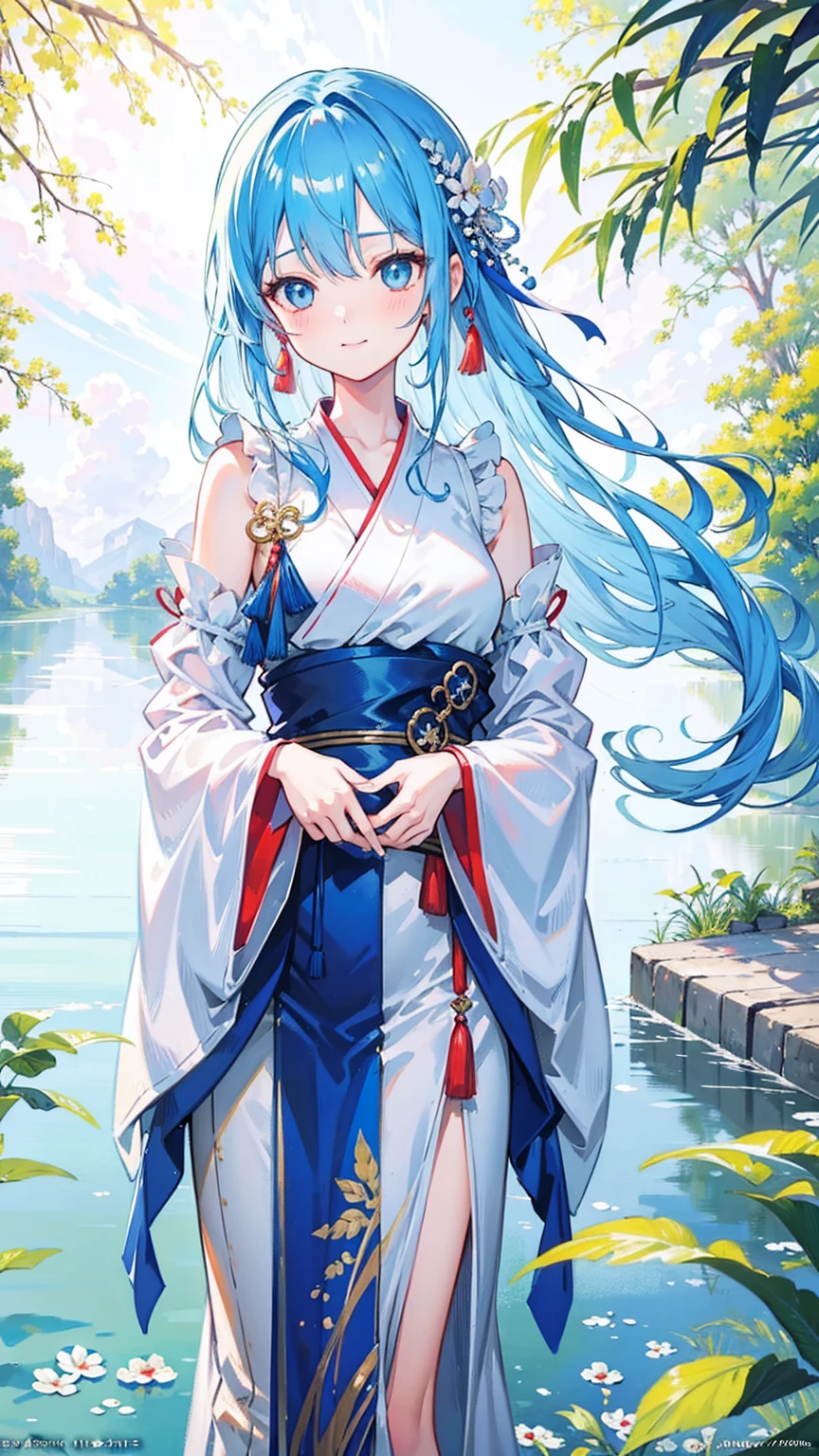 masterpiece, best quality, Official Art, 8k wallpaper, Very detailed, illustration, 1 girl, Sky blue hair, Long hair, Delicate eyes, Forrest Gump, Bare shoulders, hanfu, lake, pure, Gentle smile, bamboo, Tea