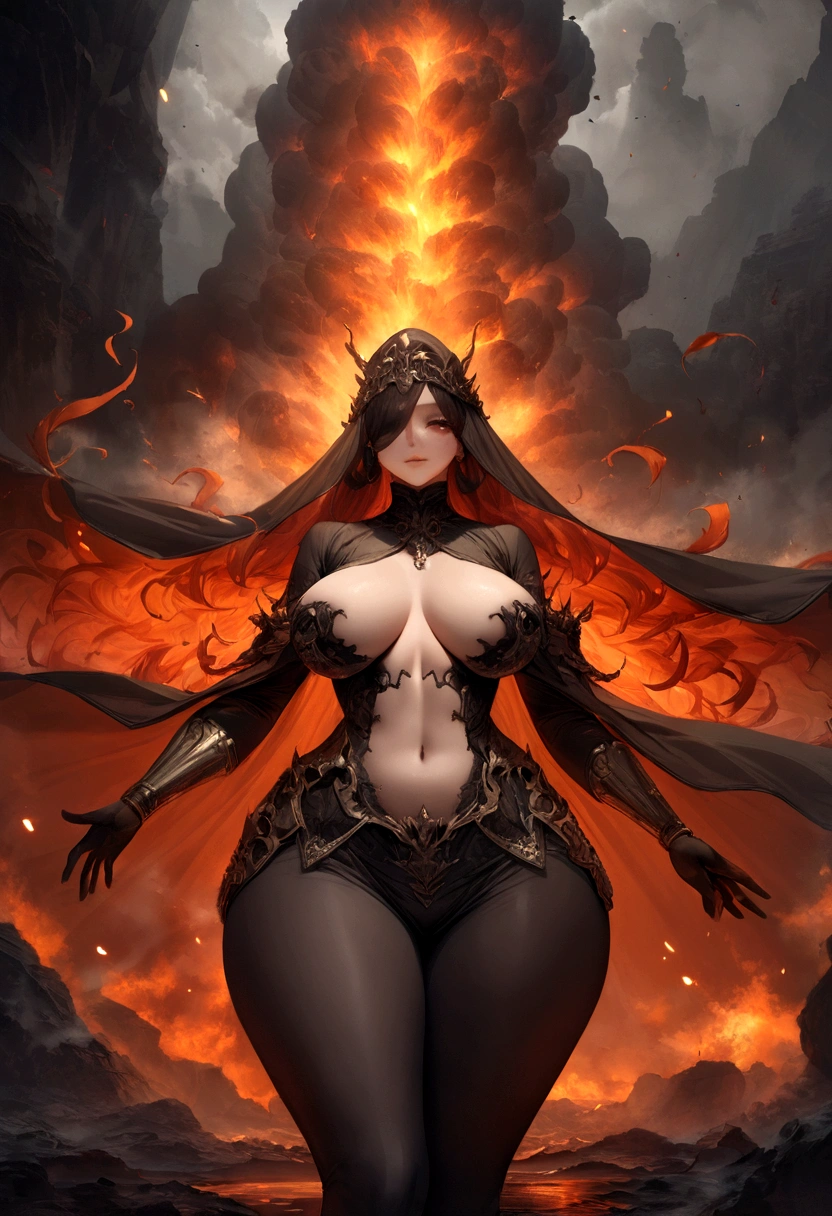  a metix sorceress submerged in a flamepit, veil, the flames do not consume her, her body is enveloped and flow through by flame jets, flames as hair, she dissolves into particles, infernal hot and intense scenery, swirl, smoke, volcanic eruption, mysterious cave, Hyperdetailed Photography, cinematic, best quality, ultra-detailed. (( Text good night)) ((( big hips, breast)))