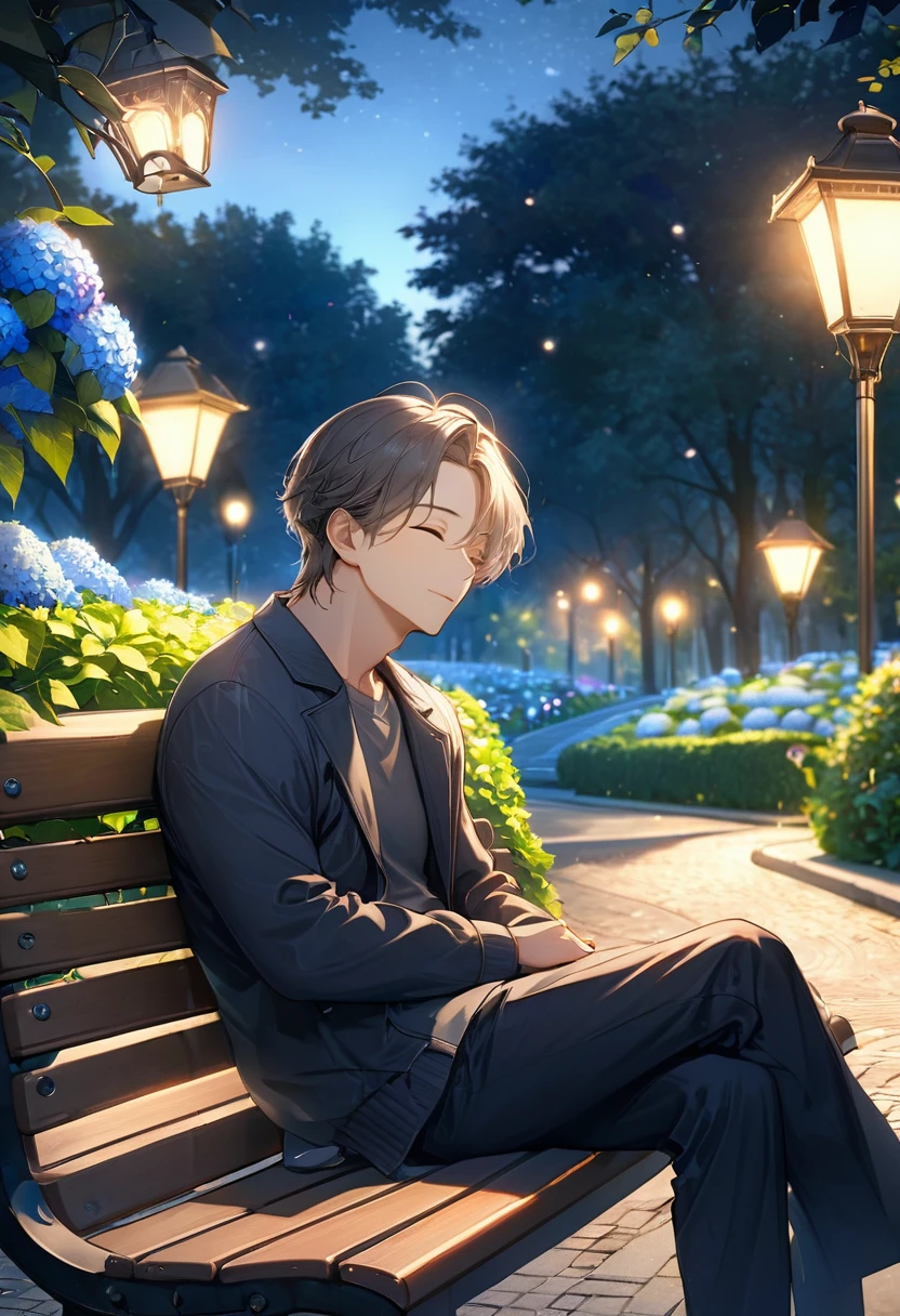 HDR,UHD,8K, best quality, masterpiece, Highly detailed, Studio lighting, physically-based rendering, 1boy, solo,
1boy, upper body, An evening scene with a man sitting on a park bench, illuminated by soft streetlights. The man is casually dressed, leaning back and relaxing with his eyes closed. A nearby hydrangea bush adds a splash of color to the scene with its blue flowers. The park is quiet, with a few distant lights and a calm atmosphere. The camera angle is slightly above and to the side, capturing the peaceful expression on the man's face and the serene park setting. The mood is restful and tranquil, with a gentle focus on the harmony between the man and his surroundings.