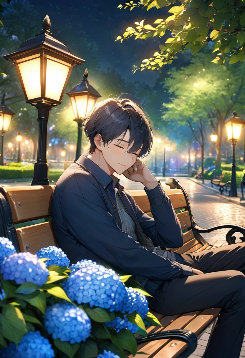 HDR,UHD,8K, best quality, masterpiece, Highly detailed, Studio lighting, physically-based rendering, 1boy, solo,
1boy, upper body, An evening scene with a man sitting on a park bench, illuminated by soft streetlights. The man is casually dressed, leaning back and relaxing with his eyes closed. A nearby hydrangea bush adds a splash of color to the scene with its blue flowers. The park is quiet, with a few distant lights and a calm atmosphere. The camera angle is slightly above and to the side, capturing the peaceful expression on the man's face and the serene park setting. The mood is restful and tranquil, with a gentle focus on the harmony between the man and his surroundings.