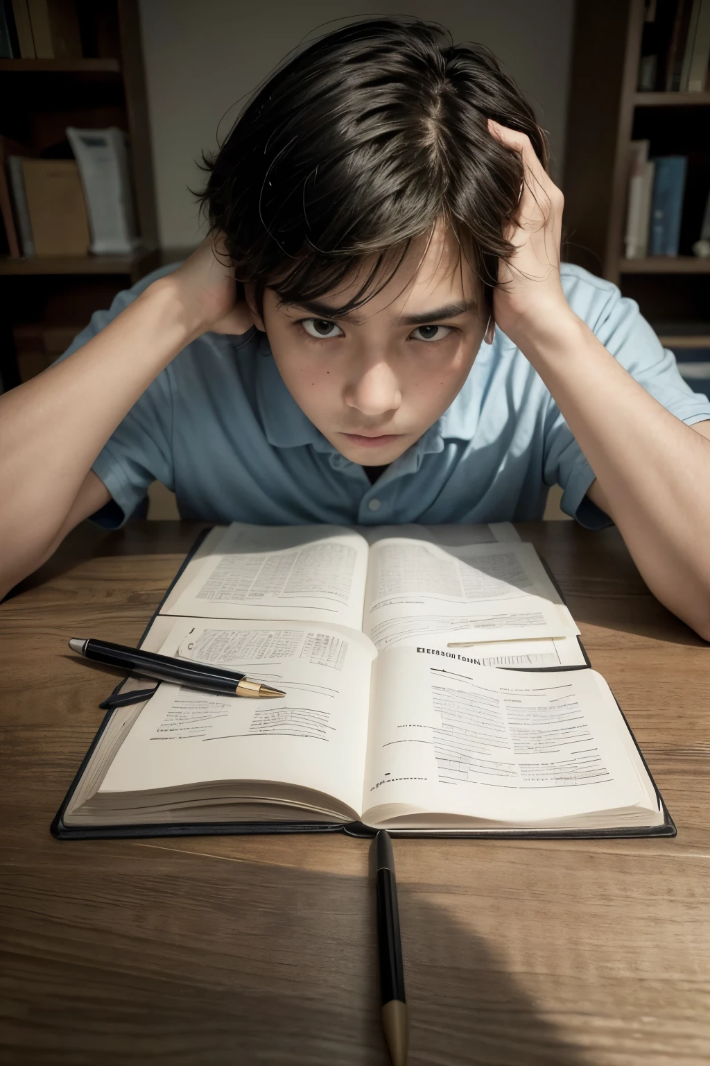 Young student sitting at a study table in a welcoming but disorganized environment. He has his head resting on his hands, showing signs of frustration and difficulty with his schoolwork. Around him, there are books and notebooks scattered, some with confusing notes. Visual elements around illustrate concepts of learning difficulties, such as incomplete puzzles and symbols of doubt. Deep down, a father or mother observes with a look of concern, but also of hope, indicating the desire to find an effective solution, such as neurocognitive treatment, to help their . The scene should evoke a feeling of challenge, family concern and the search for specialized support.