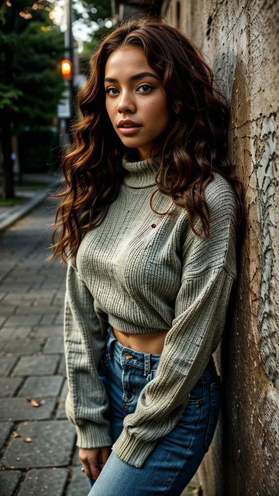 a woman leaning against a stone wall wearing a red sweater and black boots, an image inspired by the INO, street art fresco leaning against the wall, leaning against the wall, dressed in modern and fashionable street clothes will be, casual photography, vertement of young woman, fashionable street clothes in haute couture style and colorful.
Very bright photo
We see the woman entirely
realistic 1 woman, photorealistic portrait of a young African-American woman of mixed race, dark skin with freckles near the nose, realistic skin texture, fine round facial features, black eyes with long black lashes, defined eyebrows, well-defined lips with evening make-up, athletic physique, medium-length curly red hair, tight curly hair, red hair