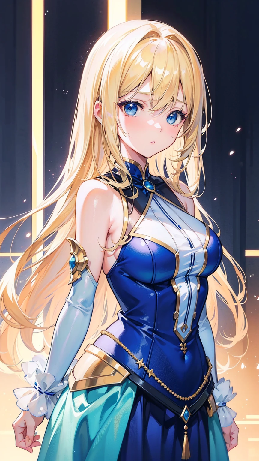 Blonde woman with long hair and blue dress posing for photo, Realistic anime art style, Realistic anime girl rendering, Smooth anime CG art, Anime realism style, realistic art style, Realistic young anime girl, Gorgeous numbers, Realistic anime 3D style, Beautiful anime portrait, realistic anime artstyle, Close-up portrait, 3D animation realistic, Anime style portrait
