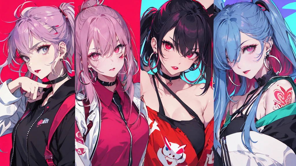 hair above one eye, Purple eyes, Clear Eyes, choker, Neon Shirt, torn legwear, open jacket、Blue pubic hair catches my eye,Bright red background、Red background, graffiti, Shineing grafiti, Shineing tattoos, Shine, Neon Light, Black light,Anime Style, movie portrait photography, 1 female, 22 years ago, Whole Body Ezbian,Big and ample breasts, anger, (Scarlet Hair), Long Hair, Purple eyes, wearing a short black dress, (Natural skin texture vivid details, Surreal, (Realistic eyes, Natural skin texture, Realistic facial details), Soft and dramatic lighting, Written boundary depth, Bokeh, vivid details, Surreal, 35mm movie, Absent-minded, movie,lipstick, ear piercing, eye shadow, Hoop Earrings, red pink lips, multicolored red eyes, Red background,Beautiful Eyes,Bold Pose、Strike a Pose,upper ponytail,drooping bangs,Droopy eyes、((school uniform))、high school girl