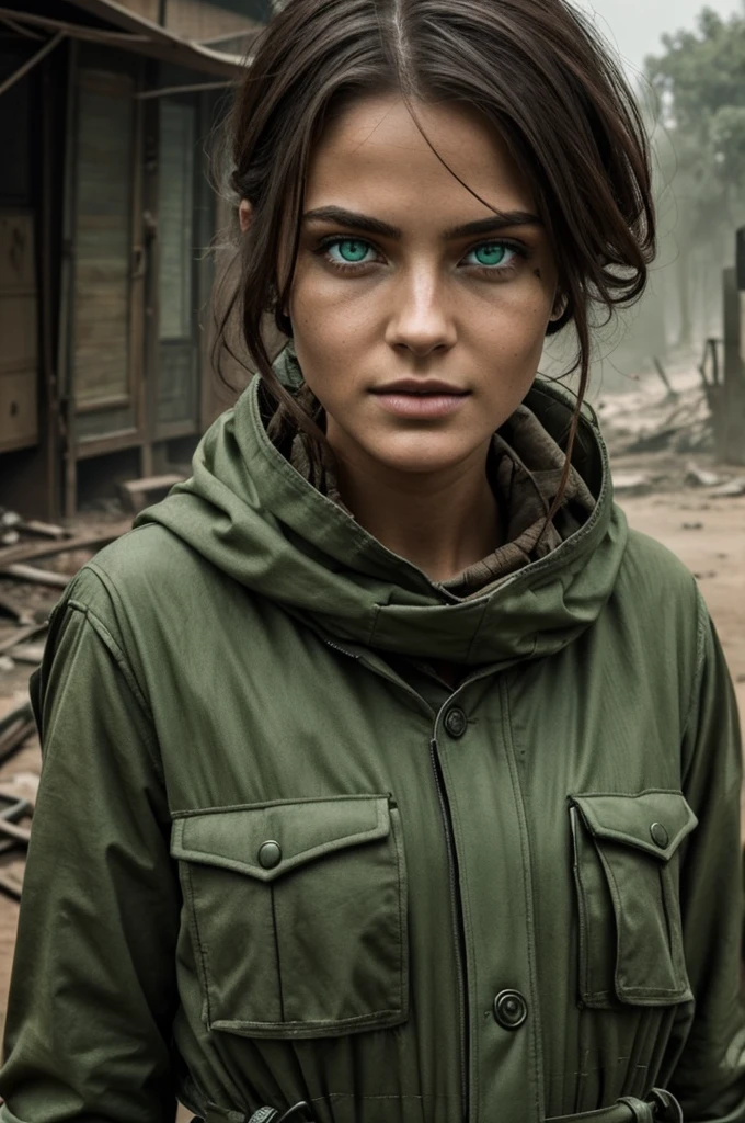 I believe in the image of a woman with attractive facial features and light green eyes dressed in post apocalyptic clothing