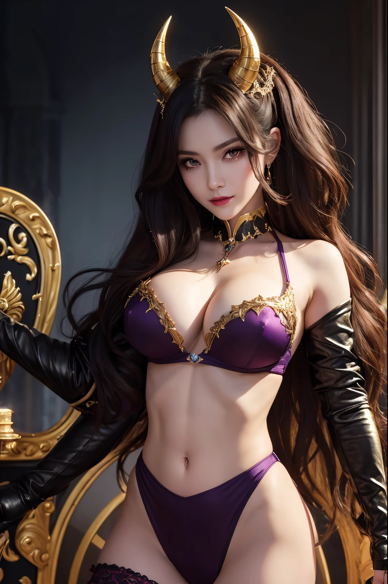 8k,White curly hair with vampire fangs,Close-up of a queen with very large breasts(Ultra-realisticな肌), so beautiful(Like the real thing),Elf Ears,2. 5D CGIファンタジーアートワーク,Portrait of the Queen of the Underworld, Highly detailed art gems, Types of bacteria ; 3D Unreal Engine, demon queen, Big blow Loss Draw, Up to the model | Types of bacteria, Beautiful Succubus　Surreal　Exact details,Ultra-high resolution,Ultra-realistic,Gorgeous black and gold pants,Sexy Costumes,Intricately crafted demon crest,A muscular and slim macho man,Muscular, slim-legged macho man,Rich colors, Backlight, Cinema Lighting, Film Grain, 50mm lens, Nikon D850,Ultra-high resolution,Ultra-realistic,compensate,Super sexy,smile,The abdominal muscles are strongly defined,Golden Eyes,Big eyes,Very large breasts,whole body muscular,,Super is the moon 8 Strong abdominal muscles,Dark purple eyeshadow,God of,Dark Purple Rouge,Sharp eyes,Golden Eyes,Red devil horns,Top view,close,Very large breastsの谷間を強調する,