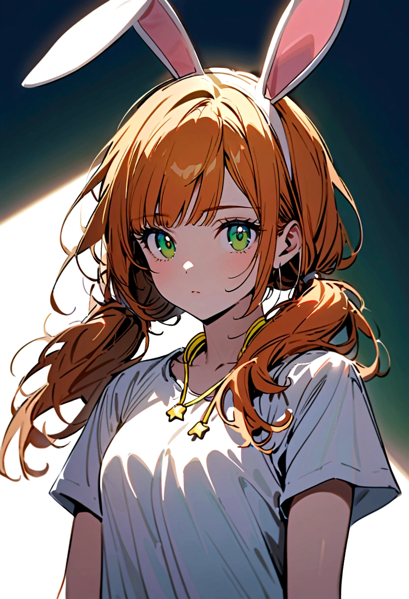 A young beautiful woman with orange hair and bunny ears, emerald green eyes, slightly curly bangs and two ponytails with two stars pins abover her head,she wears a white t-shirt with yellow earphones hanging around her neck