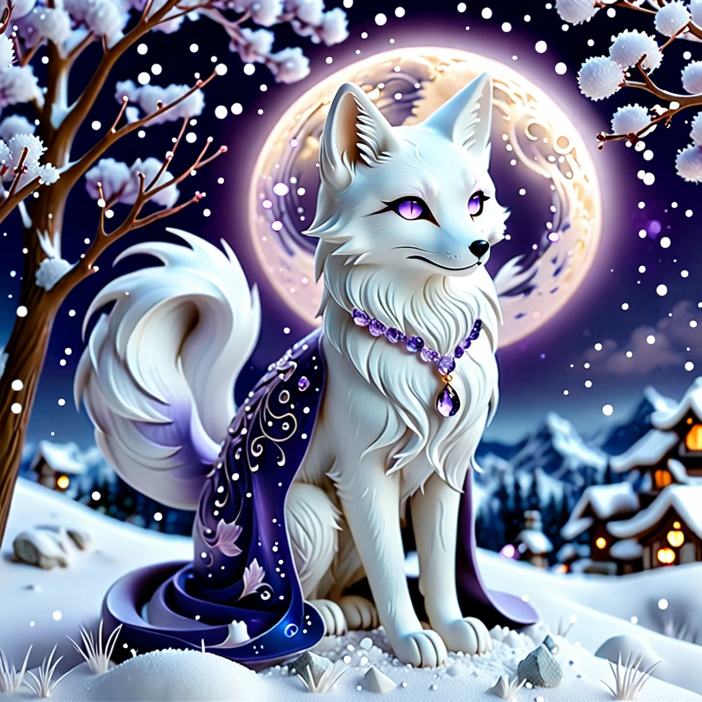Create an enchanting scene featuring a mystical kitsune with multiple tails. The kitsune should have a luxurious fur coat with a gradient from white to dark blue, adorned with intricate, glowing patterns and gemstones. The tails should be large, fluffy, and decorated with elaborate designs and sparkling crystals. The kitsune's eyes should be bright blue, exuding a sense of magic and wisdom. The setting is a moonlit night with a full moon in the background, casting a silvery glow over the snowy landscape. Add delicate, bare trees with branches adorned with glistening, purple crystals, enhancing the ethereal atmosphere. Ensure the overall scene is magical, with a touch of fantasy and elegance
