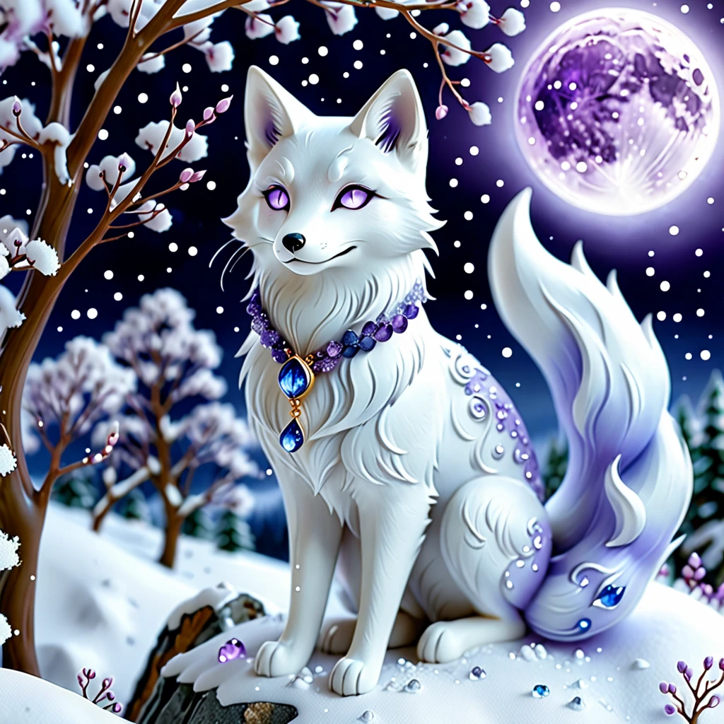 Create an enchanting scene featuring a mystical kitsune with multiple tails. The kitsune should have a luxurious fur coat with a gradient from white to dark blue, adorned with intricate, glowing patterns and gemstones. The tails should be large, fluffy, and decorated with elaborate designs and sparkling crystals. The kitsune's eyes should be bright blue, exuding a sense of magic and wisdom. The setting is a moonlit night with a full moon in the background, casting a silvery glow over the snowy landscape. Add delicate, bare trees with branches adorned with glistening, purple crystals, enhancing the ethereal atmosphere. Ensure the overall scene is magical, with a touch of fantasy and elegance