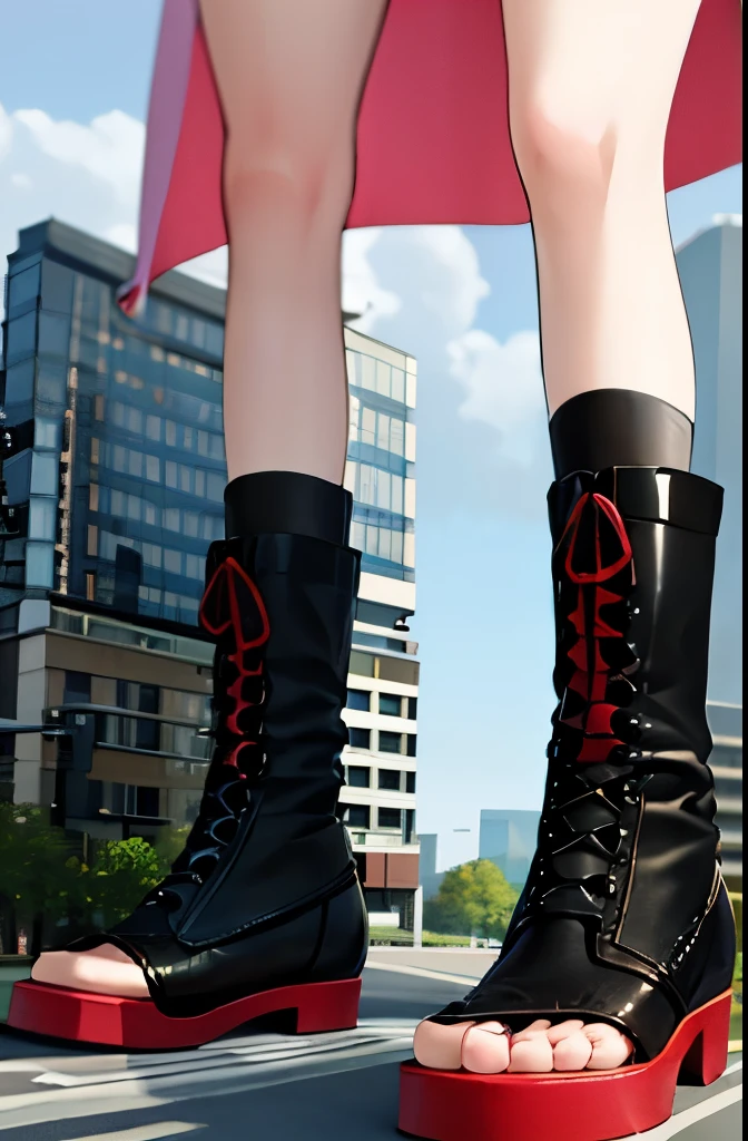 , ulrich_von_hutten_azurlane,,giantess,Urban Background,microcity,Standing woman,Seen from the foot,Looking up,Black boots,Only at the foot