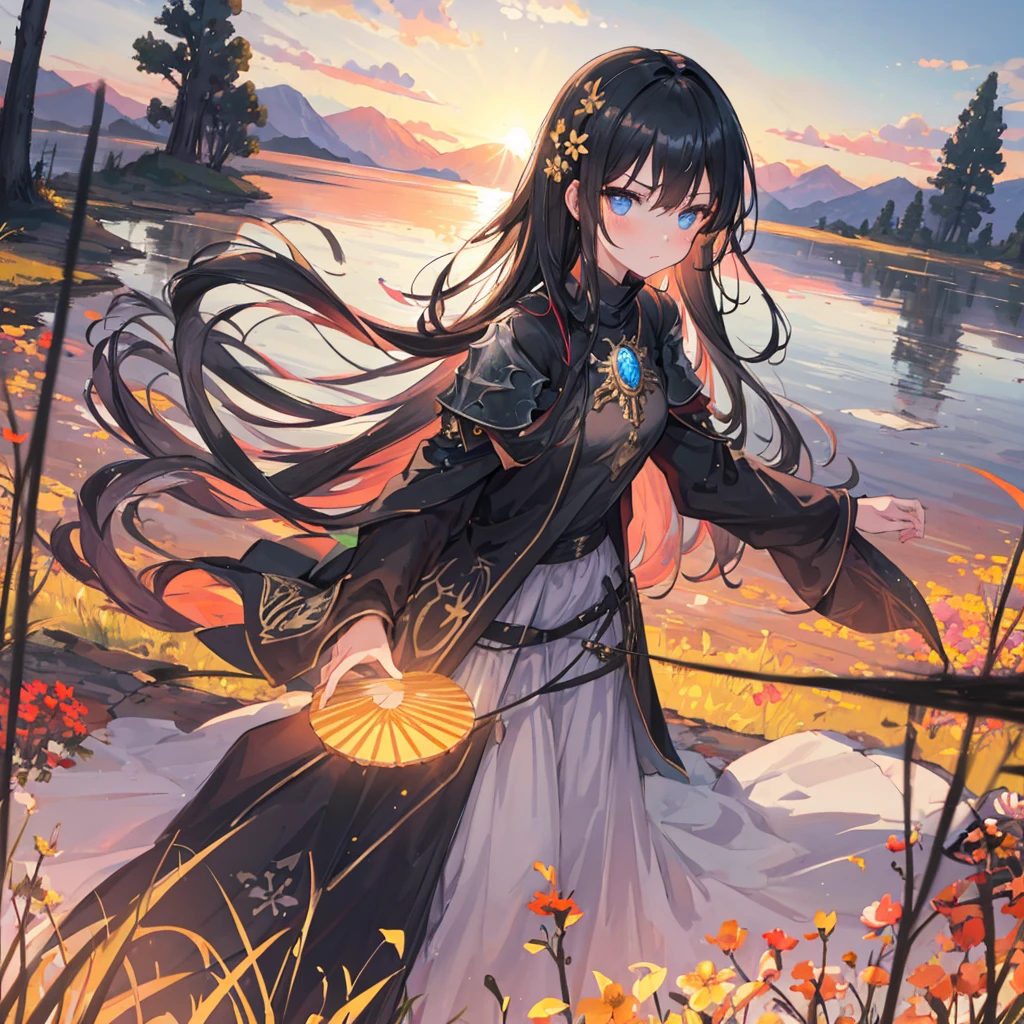 1 girl, serene expression, mesmerizing eyes, wearing black full black knight armor and full-face knight helmet, wearing knight face mask, standing in the middle of a vast flower field, angry face, black hair, blue eyes, poised posture, porcelain skin, subtle blush, crystal pendant BREAK golden hour, (rim lighting):1.2, warm tones, sun flare, soft shadows, vibrant colors, painterly effect, dreamy atmosphere BREAK scenic lake, distant mountains, willow tree, calm water, reflection, sunlit clouds, peaceful ambiance, idyllic sunset, ultra detailed, official art, unity 8k wallpaper , zentangle, mandala, angry face