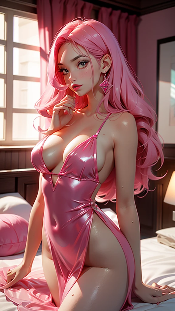 Best quality, Masterpiece, Portrait, Perfect anatomy, Femininity, Cool, Flawless, , Solo, Sexy, Stylish, Mature, Long light pink hair, Mole above lip, Red lipstick, Water drops, Sweat, Wet, Transparent pink sexy dress, in the room against the background of a bed with a black blanket, shows a pink vibro egg in his hands in the foreground