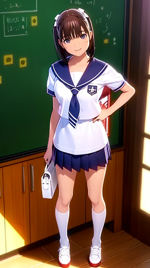 highest resolution, 8K ,Best Quality, high detailed, semi-realistic anime, Anime 3D Style, Smooth Anime CG,1 girl in,14year old woman in Japan, slim, modeled, shiny chestnut hair, Medium Hair, school Sailor Suit, Junior High, Short sleeve, Navy blue mini skirt, White knee-high socks, Black leather shoes, School bag, in the school classroom, smile, Facing forward, 