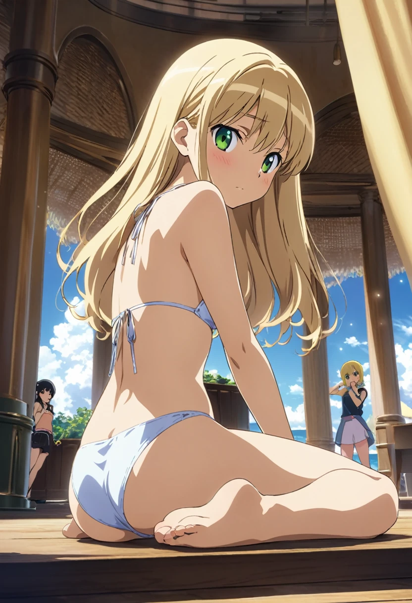 ((zero no tsukaima anime art, masterpiece, 4k, extreme quality)). 
The theme is Beach party.
The setting is a beach, it is extremely detailed, full of different teen girls around the scene, it's daytime, the setting is giant, the view of the scene is complete and far, without blurring. 
Disney's Rapunzel, only one, 9 , she is 145 centimeters tall, her shiny blond hair is 170 centimeters length and very very very long and touch her feet, wonderful face, green eyes, she wears a very Very Very short bikini, 9 years giry, She is very thin, flat breasts, very thin waist, round ass, wonderful curves, shy behavior, shy and sensual pose, fullbody.
the atmosphere is hot.
Complete view of the scene.