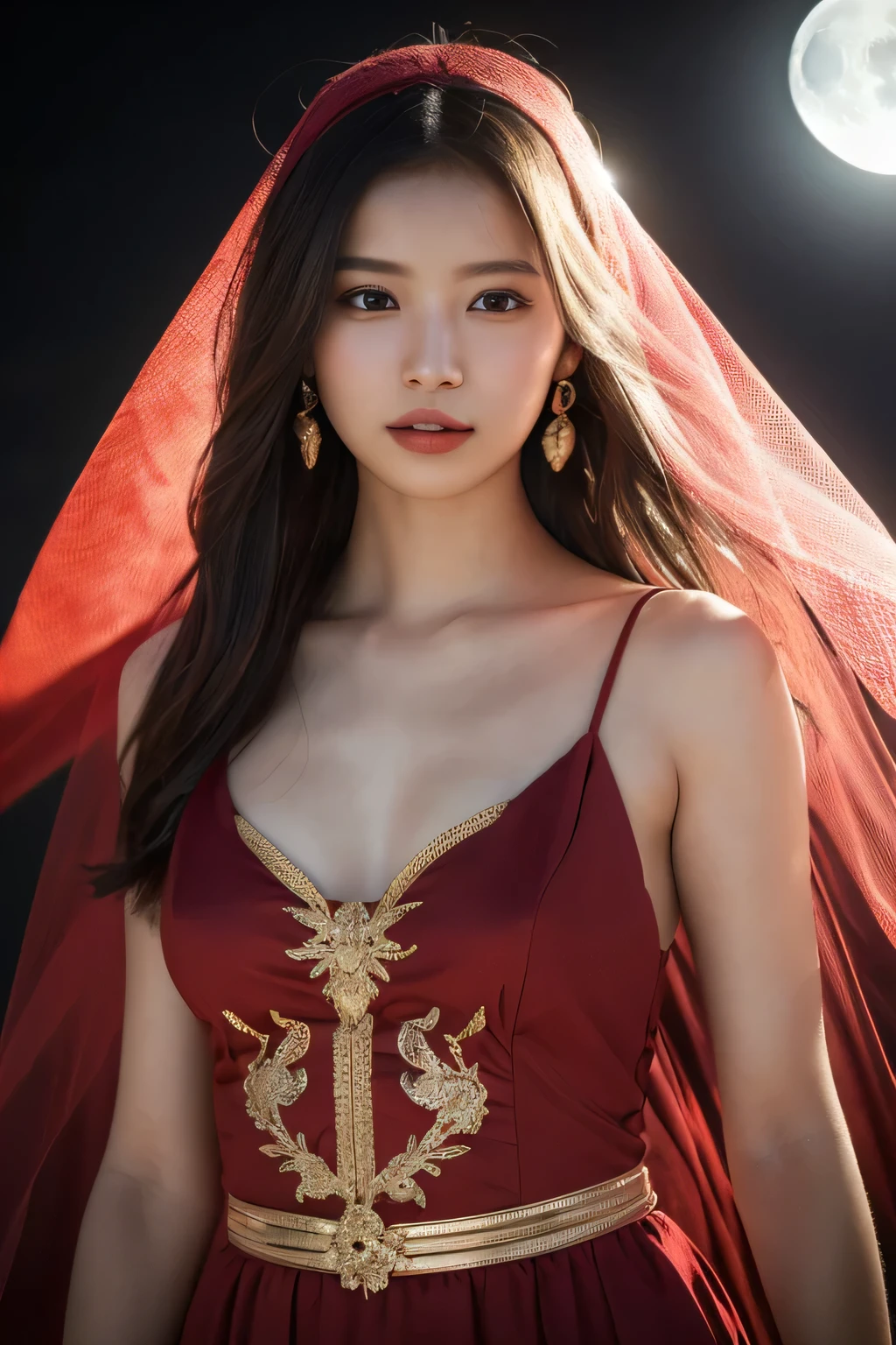 1 Girl, (Wear a bright red Arabian Nights-style costume:1.2), (Veil), Very beautiful Japanese idol portraits, 
(RAW Photos, Highest quality), (Realistic, Realistic:1.4), (masterpiece), 
Very delicate and beautiful, Very detailed, 2k wallpaper, wonderful, finely, Very detailed CG Unity 8K wallpaper, Very detailed, High resolution, Soft Light, 
Beautiful detailed girl, Very detailed目と顔, Beautiful and sophisticated nose, Beautiful and beautiful eyes, Cinema Lighting, 
(Sahara desert on a moonlit night:1.3), (Dancing lightly:1.3), (Big Moon), (Sand Dunes), (Silhouette of a girl&#39;s whole body floating in the moonlight), (whole body), (Transmits light), (Dark screen:1.5), (Hair and outfits fluttering in the wind), 
(Medium Hair), (whole body), 
Complete Anatomy, Slender body, Small breasts