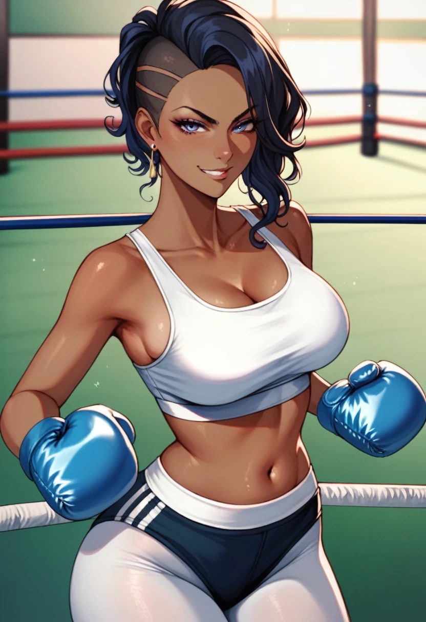 2D anime picture, (anime style 1), single female arrogant boxer, 20 years old, sadistic, Japanese, smirks at the viewer, beautiful long black hairstyle, lush breasts, dark skin in white high neck crop top, in white leggings, in dark pink boxing gloves стоит возле боксёрском ринге, in empty gym, night