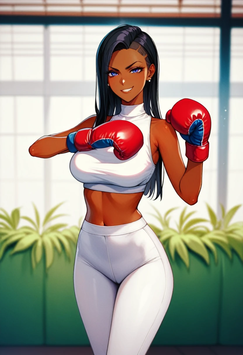 2D anime picture, (anime style 1), single female arrogant boxer, 20 years old, sadistic, Japanese, smirks at the viewer, beautiful long black hairstyle, lush breasts, dark skin in white high neck crop top, in white leggings, in dark pink boxing gloves стоит возле боксёрском ринге, in empty gym, night