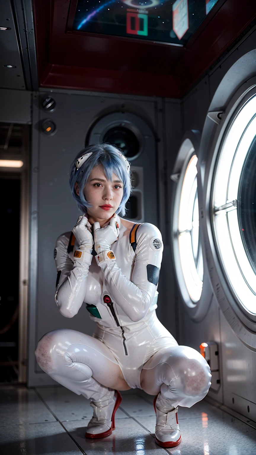 (masterpiece), (best quality), (red eyes), (epiCRealLife), (red lipstick), (j4nu4ryj0n3s) (young woman), (European Model), (Plugsuit), (ayanami_rei plugsuit), interface headset, white bodysuit),(white gloves) (red eyes), (blue hair), (medium breasts),(flash photography), (natural lights), (ample lights),( light smile), (pose for picture), (white gloves), (light smile),  (lying on the space bed), (space station lobby), (squatting poses), (spaceship cockpit), (galaxy scenery), 