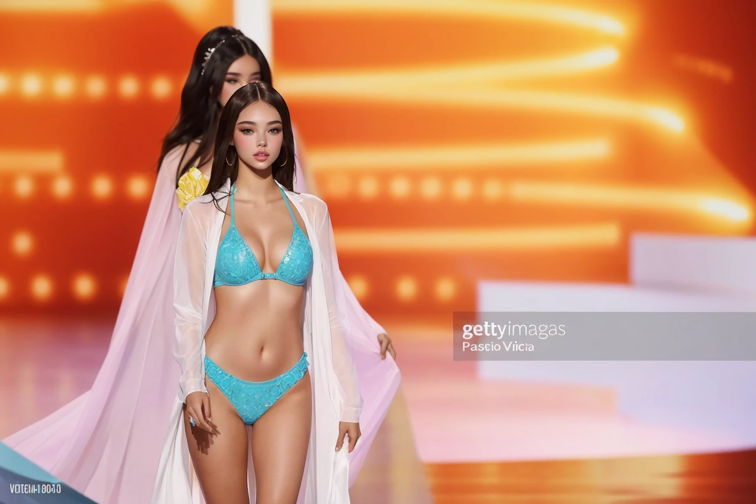 una modelo camina por la pasarela durante la victoria victoria victoria victoria victoria victoria victoria victoria victoria victoria victoria, fake images, bella poarch, retrato sophie mudd, fake images, Miss Universo, rendering of beauty pageant, wears a bathing suit, 2 4 year old female model, bikini model, victoria's secret model