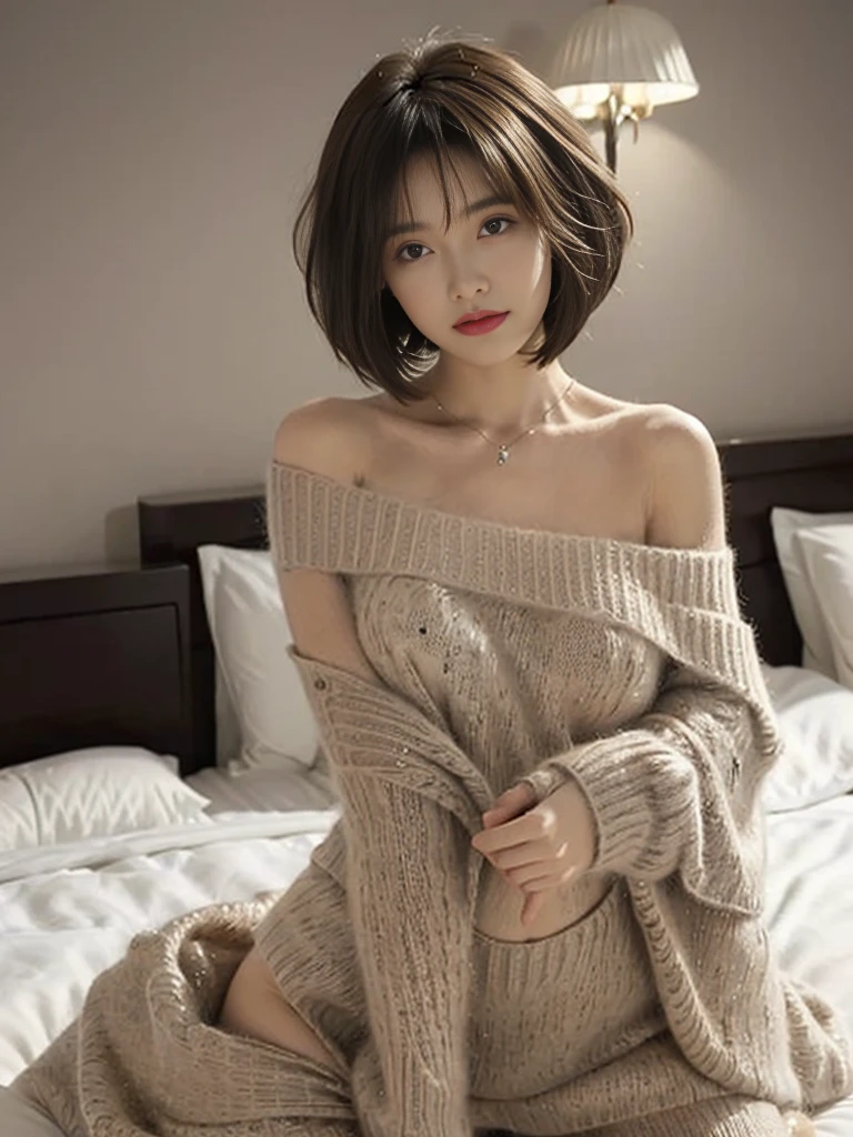 ((Best quality, 8k, Masterpiece: 1.3)), Contour: 1.2, Perfect body beauty: 1.4, Butt: 1.2, ((Layered haircut, Round chest: 1.5) ), (hotel bed: 1.3), big breasts, highly detailed face and skin texture, Beautiful eyes, Double eyelids, White skin, Long hair ,Ultra HD,8K, Moonlight night、one room、The view of the city can be seen from the window、high key lighting、studio lighting、face lamp、(Viewed from the front)、photon mapping、radio city、(Full body female love)、(Completely naked)、dark brown hair、Detailed faces、Detailed lips、Detailed eyeore skins、double eyelids、(huge :1.4)、(off shoulder sweater)、(No)、(No)、A necklace、(camel toe)、Perfect body、shiny skin、(stand)、((off shoulder sweater lift:1.5))、silly face、Make eye contact with the camera,see through clothes