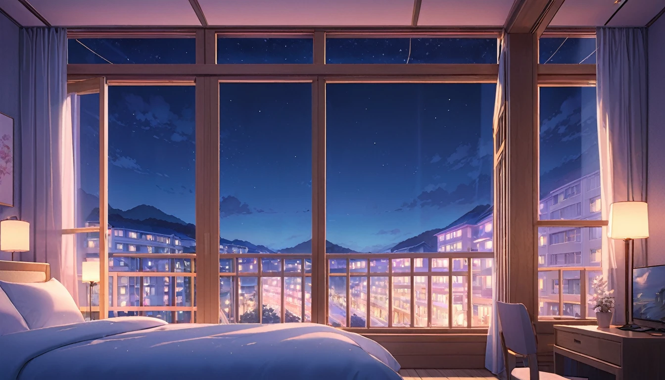 Resort Hotel Windows、Pastel tones、Beautifully crafted warm wooden window frames。Soft Light、lofi、Night view、Night atmosphere、light up