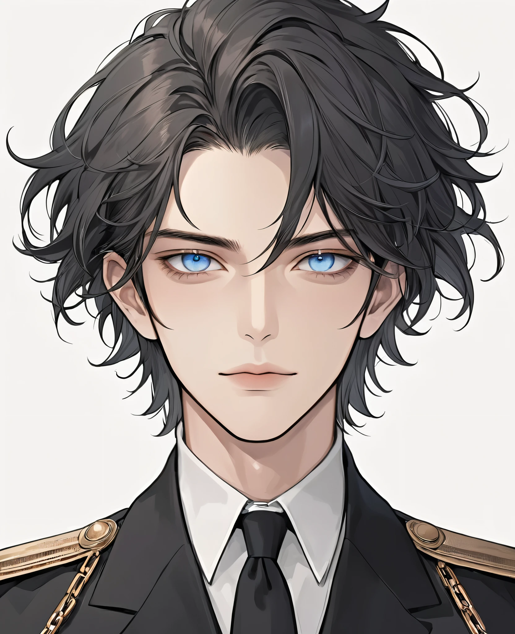 (Digital Illustration，Detailed anime style boy portrait，Solitary，symmetry)，(Colored eyes，Handsome face，Soulful gaze，)，(Short fluffy hair)，(Black suit，Epaulettes-Chain，cool，)，Clean and simple white background，(((Correct human anatomy)))