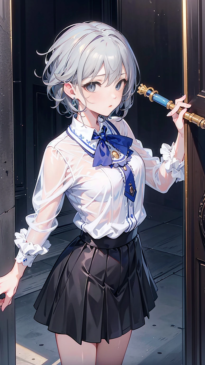 masterpiece, best quality, high resolution, 1 Girl, Solitary, Anastasia (The Idolmaster), The Idolmaster cinderella girls, blue eyes, short hair, Gray hair, Black skirt, Cowboy shooting, , Shut up, superior_Body,