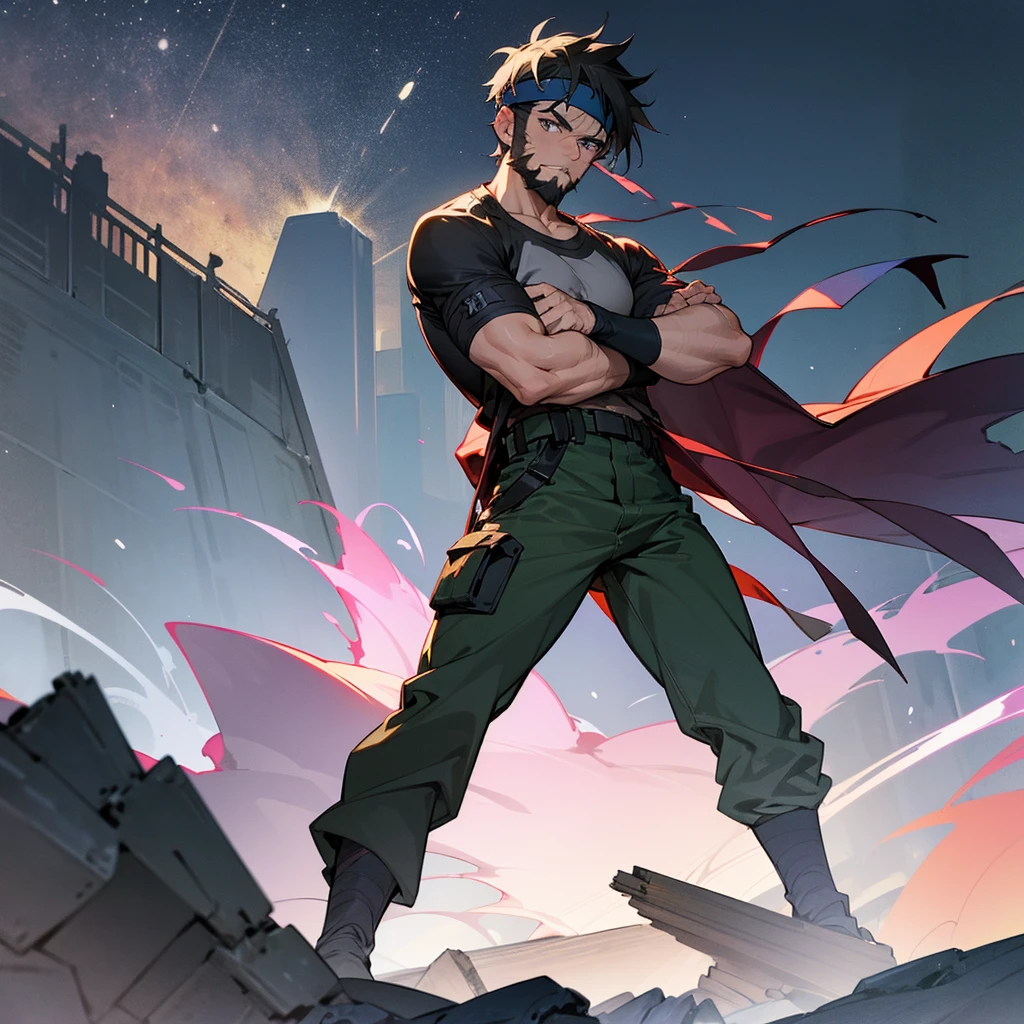 1male, adult, short hair, casual clothing, baggy army combat pants, compression shirt, arm band, standing on ruined building, night time, serious expression, muscular, full beard, headband around eyes