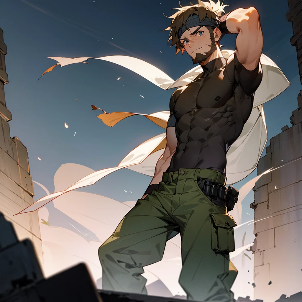 1male, adult, short hair, casual clothing, baggy army combat pants, compression shirt, arm band, standing on ruined building, night time, serious expression, muscular, full beard, headband around eyes