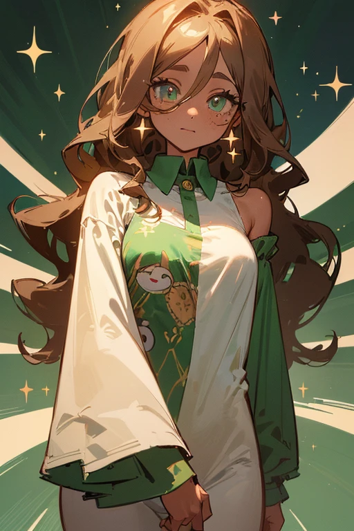 ((, Masterpiece: 1.5, best quality, high resolution: 1.3, super resolution, super detailed, ultra detailed: 1.3, Perfect Anatomy:1.5, 1 woman ) dark skin + long wavy brown hair + emerald green eyes + long eyelashes + female figure + medium chest + wide hips + dark circles + freckled cheeks ( wide shirt showing her shoulders, wide clothes, wide clothes, wide fooa) ((adorable open eyes, friendly cute expression, sparkle in eyes))