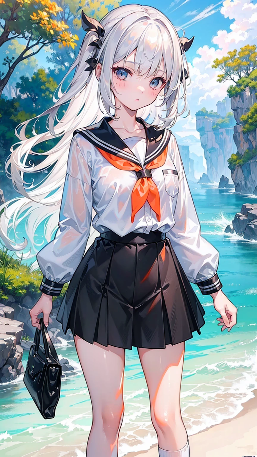 ((masterpiece)), ((best quality)), ((high resolution)), ((Extremely detailed CG unity 8k wallpaper)), Solitary, Orange, Tan school uniform, Black skirt, White socks, outdoor, Face, beach, Downy hair, Separated hair, Silver Hair