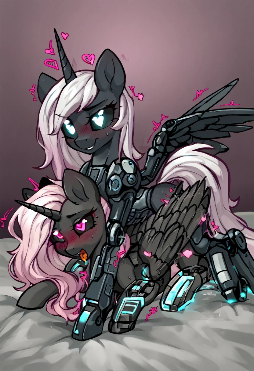 Alicorn , white mane,light blue cybernetic eyes, cybernetic body,black sclera ,black body color long flowing pony lesbian sex horny pink heart eyes