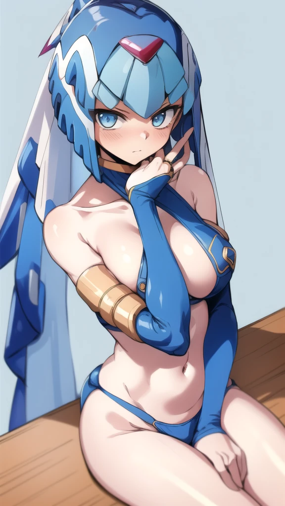 Leviathan_Megamanz, 1 Girl, looking at viewer, blue hair, Blue eyes, Simple background , Blushed , , Wedding ring, Leaning on a table , Glasses , sharped Eyes, Naked, Blue Micro Bikini