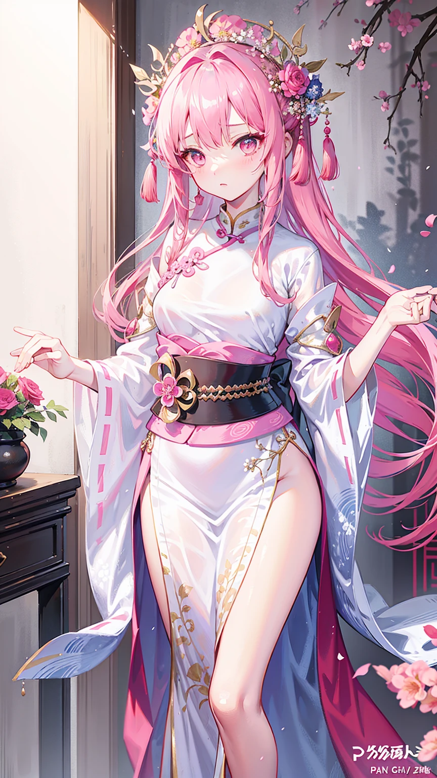 Wearing a pink dress、Alafi woman wearing a flower crown, Color photos inspired by Lanying, cg Social Hotspot, realism, hanfu, palace , Girl wearing Hanfu, ancient Chinese Princess, Beautiful fantasy queen, Ancient Chinese Art Style, Asian Dynasty Princess, Chinese Queen, White Hanfu, Chinese Princess,look down,