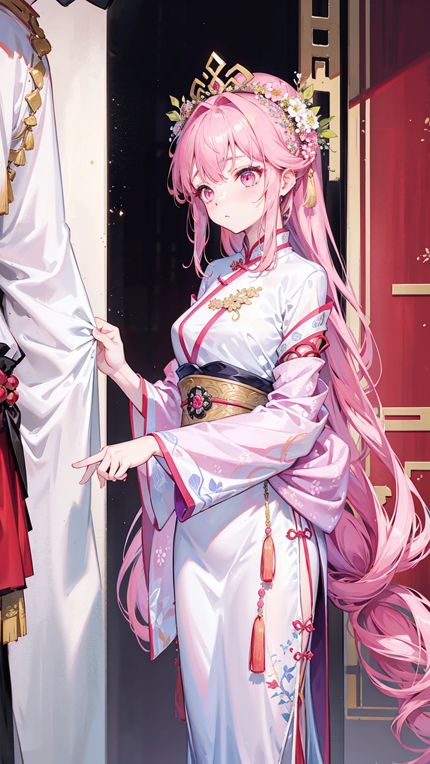 Wearing a pink dress、Alafi woman wearing a flower crown, Color photos inspired by Lanying, cg Social Hotspot, realism, hanfu, palace , Girl wearing Hanfu, ancient Chinese Princess, Beautiful fantasy queen, Ancient Chinese Art Style, Asian Dynasty Princess, Chinese Queen, White Hanfu, Chinese Princess,look down,