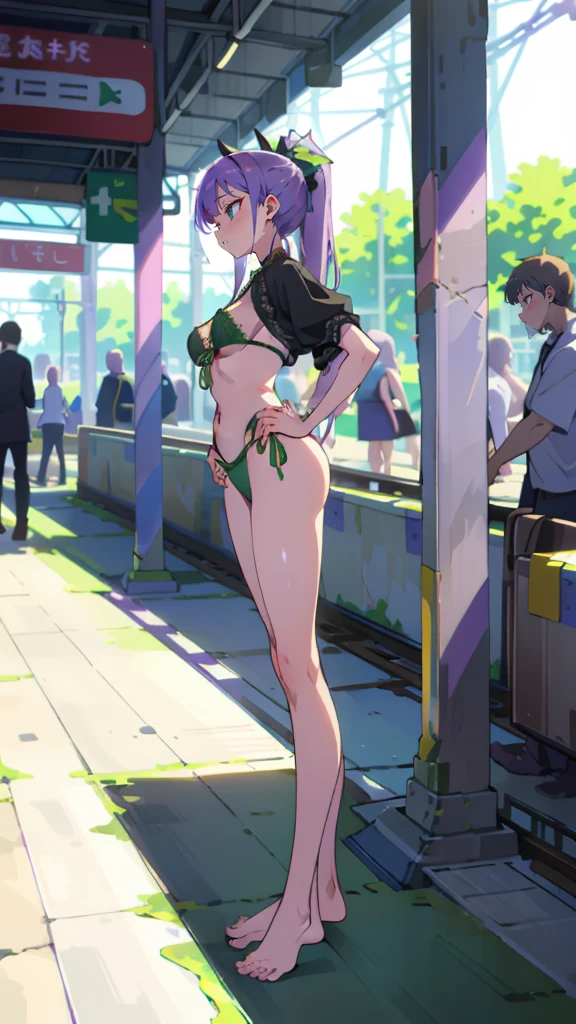 Masterpiece, best quality, Masterpiece, best quality, 1 woman, Tie your hair into a long purple ponytail.... , green eyes , purple lace bikini ,  , abdomen , Long legs , Put your hands on your hips...... , Barefoot , full body , train station , It's crowded.
