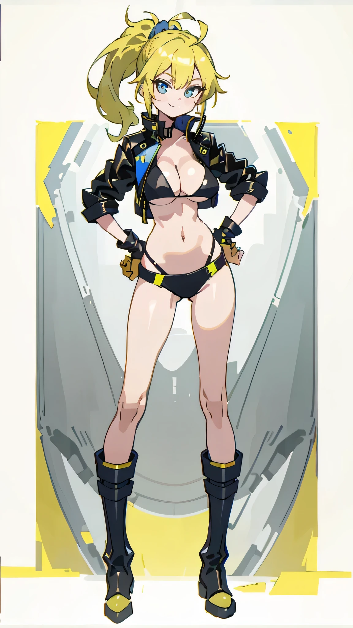 Masterpiece, best quality, Masterpiece, best quality, 1 woman  , blue eyes , yellow ponytail , black leather jacket , sly face , smile , bikini , abdomen, big breasts , Long legs , boots , hands on hips , blank background