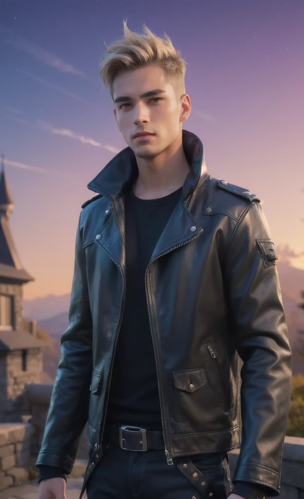 Male character with short blonde hair, wearing a leather jacket, standing in front of a house with a mountainous backdrop.