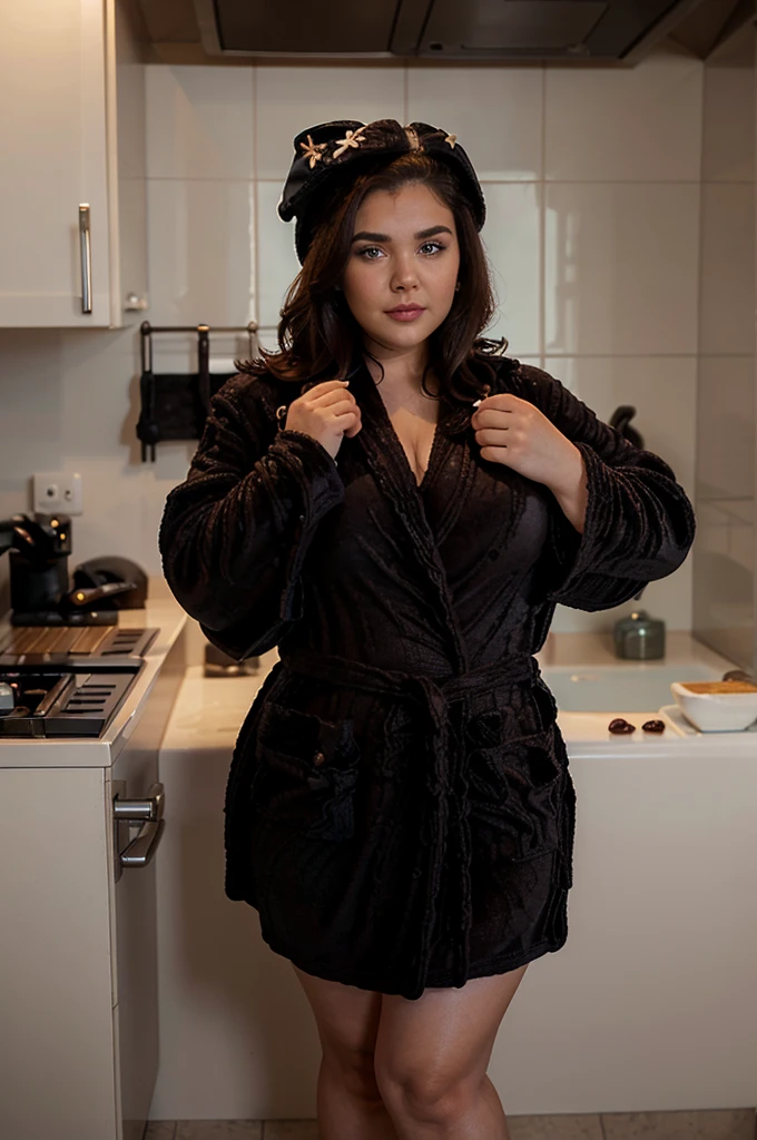 photorealistic, best quality, (hyper detailed: 1.4), (((cooking coffee:1.2))), long distance shot, ((plus size body:1.5)), photosession, blue eyes, black hair, Detailed eyes, ((wearing home bathrobe:1.5)). beautiful young woman, (Highly detailed face:1.4), smirk, exuding a natural glow, soft lightning, morning time, mountain view, jaw-dropping beauty, sexy, seductive, vivid colors