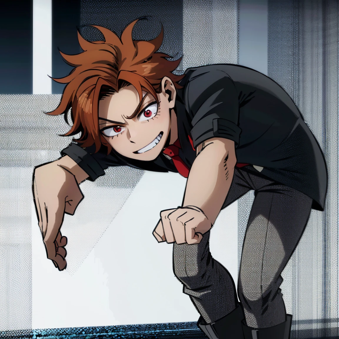 1boy, male focus, boku no hero academia, masterpiece, best quality, very aesthetic, absurdres, short curly hair, orange hair, magenta eyes, smirk, gray jacket, red tie, white shirt, teal pants, boots 