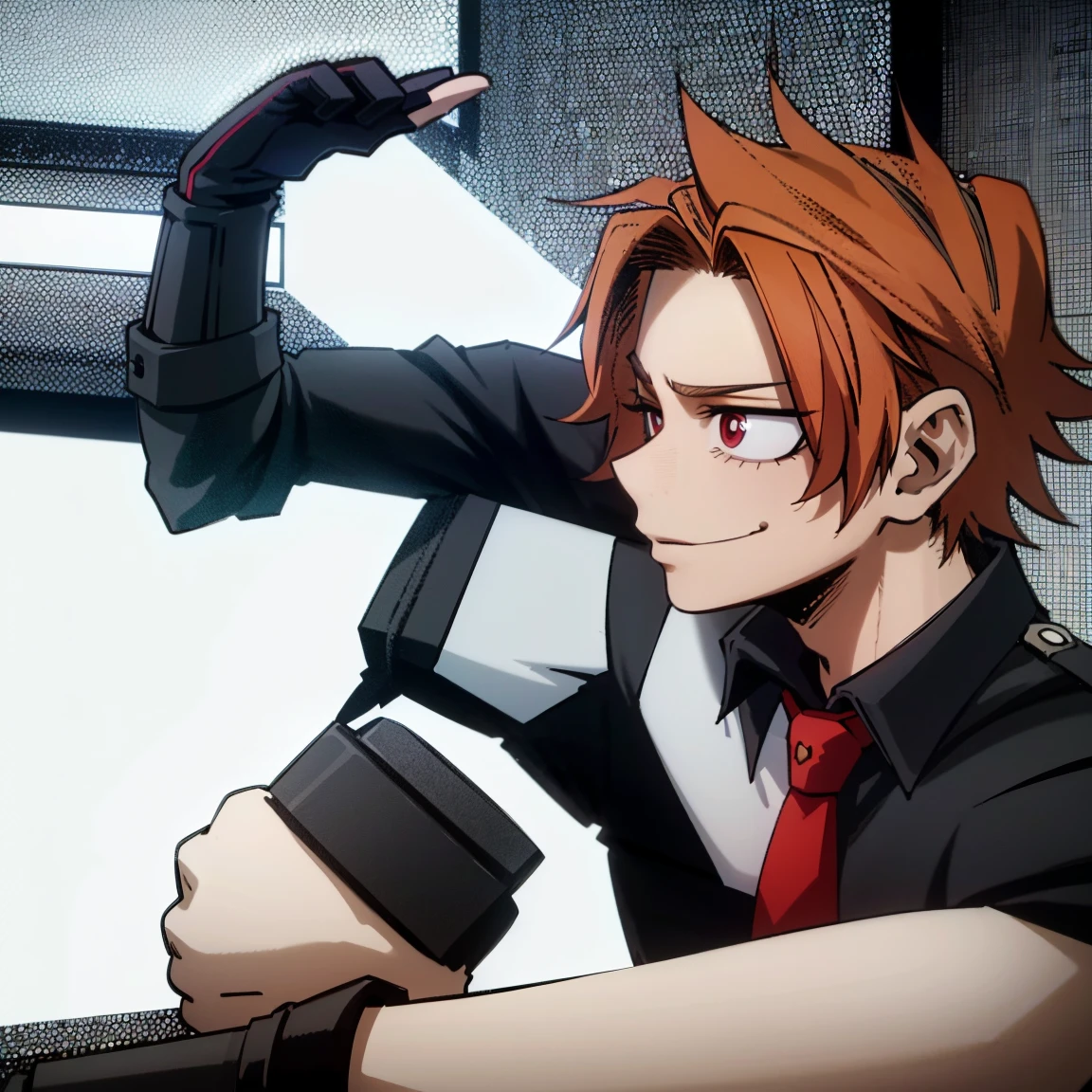 1boy, male focus, boku no hero academia, masterpiece, best quality, very aesthetic, absurdres, short curly hair, orange hair, magenta eyes, smirk, gray jacket, red tie, white shirt, teal pants, boots
