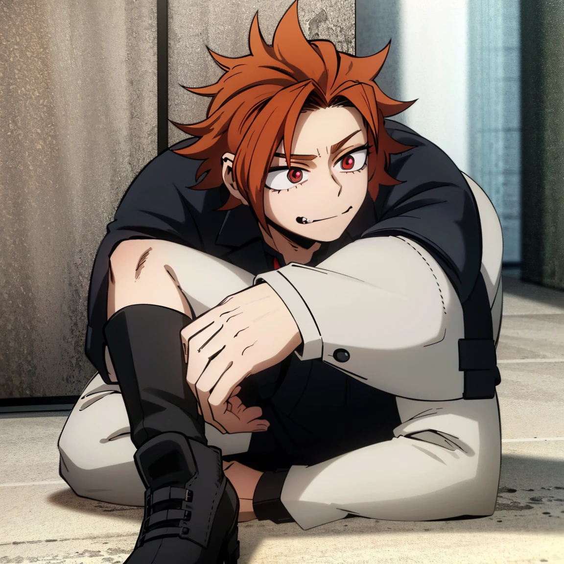 1boy, male focus, boku no hero academia, masterpiece, best quality, very aesthetic, absurdres, short curly hair, orange hair, magenta eyes, smirk, gray jacket, red tie, white shirt, teal pants, boots