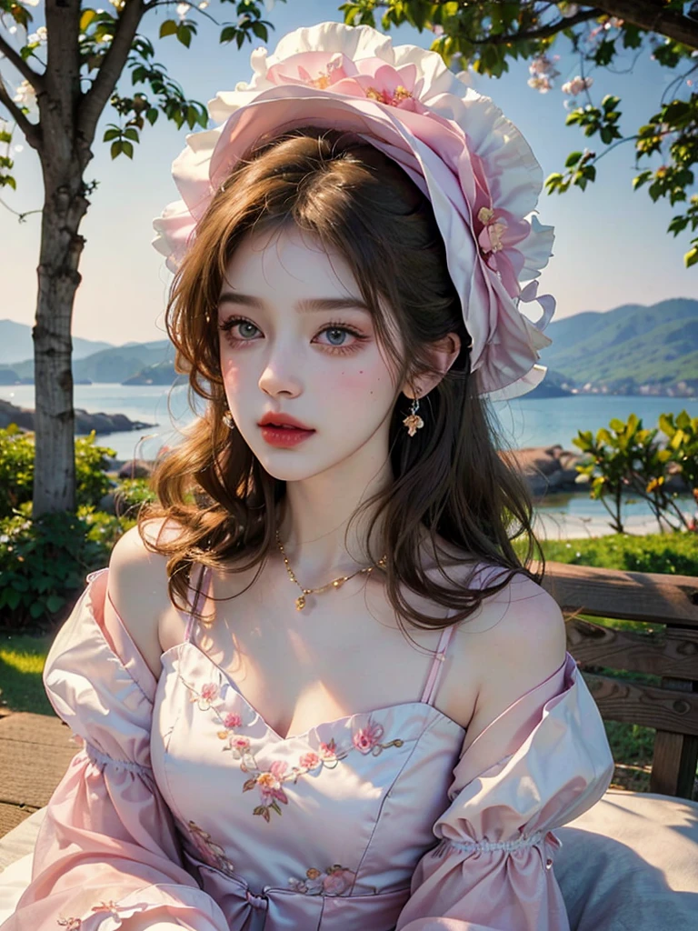 Masterpiece, Best quality, high resolution, realistic , hyperrealism , lifelike photography ,1950s, portrait position, alluring beautiful full body shot, (curly blondish brunette long hair, blue cat-shaped eyes), white skin with freckles, beautiful pink flower hat, beautiful period dress with flower embroidery and details , beautiful golden necklaces & bracelets, elegant bearing, beautiful landscape background of a rose & lilac & orchid garden, high budget , beautiful mesmerizing face and small nose, long and curly sparkling hair , holding a beautiful orange stray cat , clivage , sunset , pink clouds , yellowish red rays at the horizon, elegant posing, beautiful legs, fit body, gorgeous Russian woman sitting on a park bench