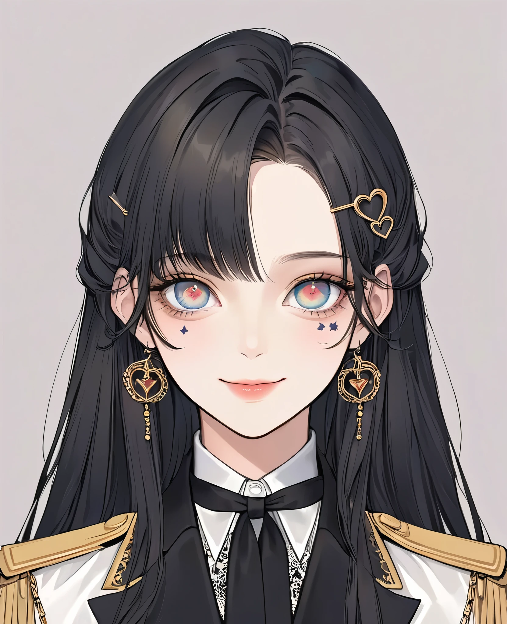 (Digital Illustration，Detailed anime style girl portrait，Solitary，symmetry)，(Colorful big eyes love heart，Fashionable and exquisite facial features，Exquisite makeup，Sweet smile，Star symbol mark on cheek，Soulful gaze，)，(Straight long hair，Beautiful hairstyle，Hairpin)，(White high collar lace shirt，Black suit，Epaulettes-Chain，cool，)，An elliptical border，Clean and simple white background，(((Correct human anatomy)))