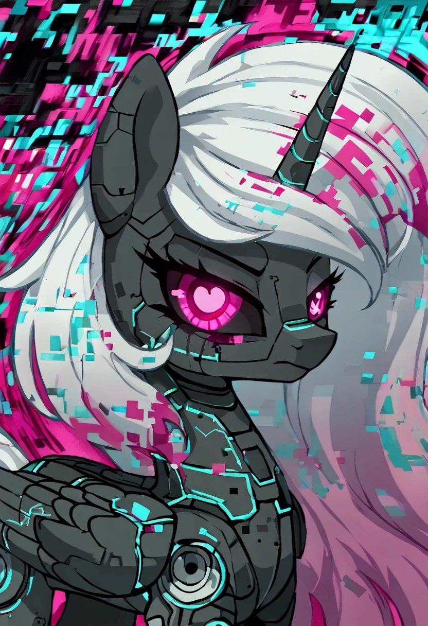 Alicorn , white mane,light blue cybernetic eyes, cybernetic body,black sclera ,black body color long flowing pony pink eyes
Right eye glitch
Error
