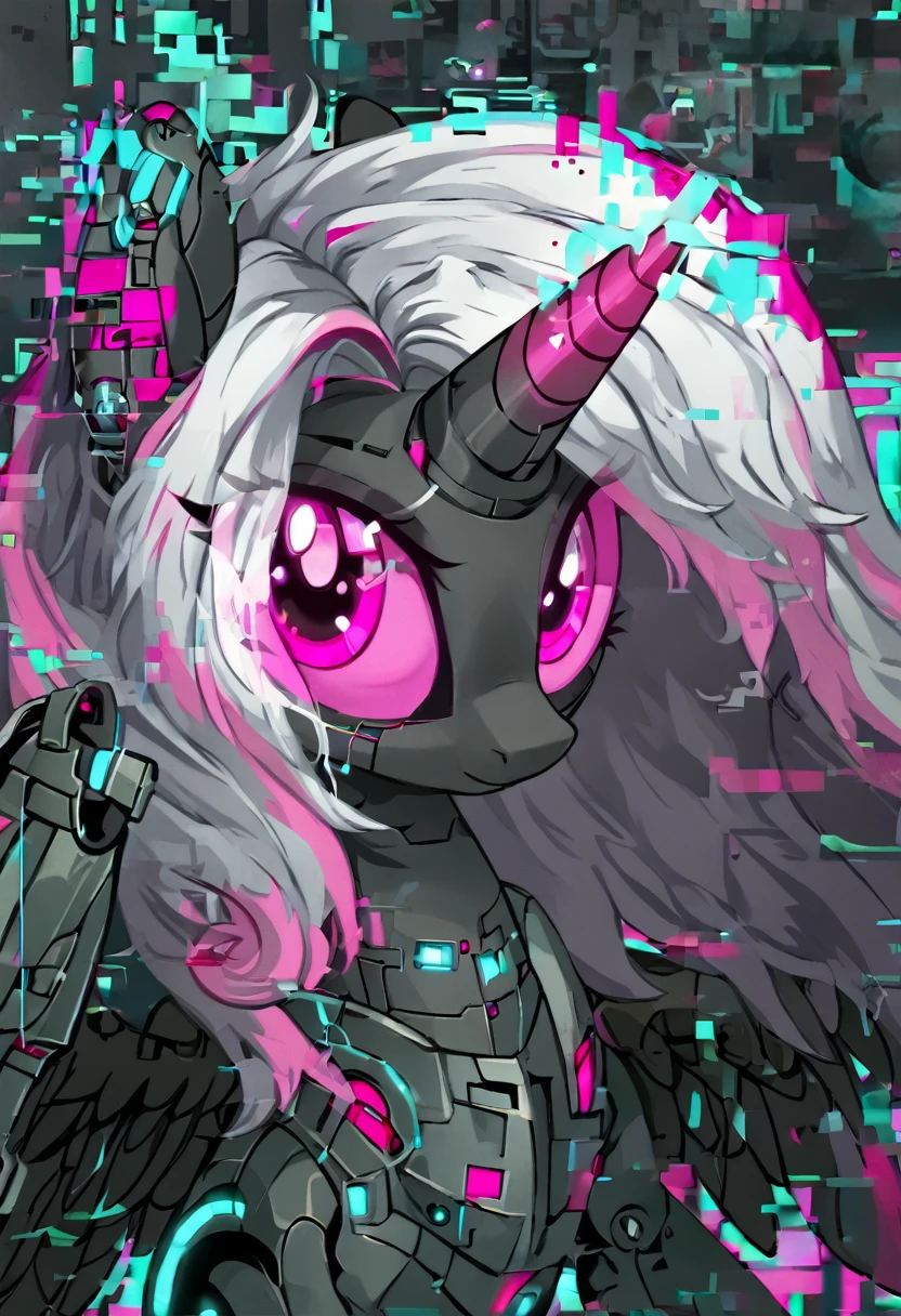 Alicorn , white mane,light blue cybernetic eyes, cybernetic body,black sclera ,black body color long flowing pony pink eyes
Right eye glitch
Error
