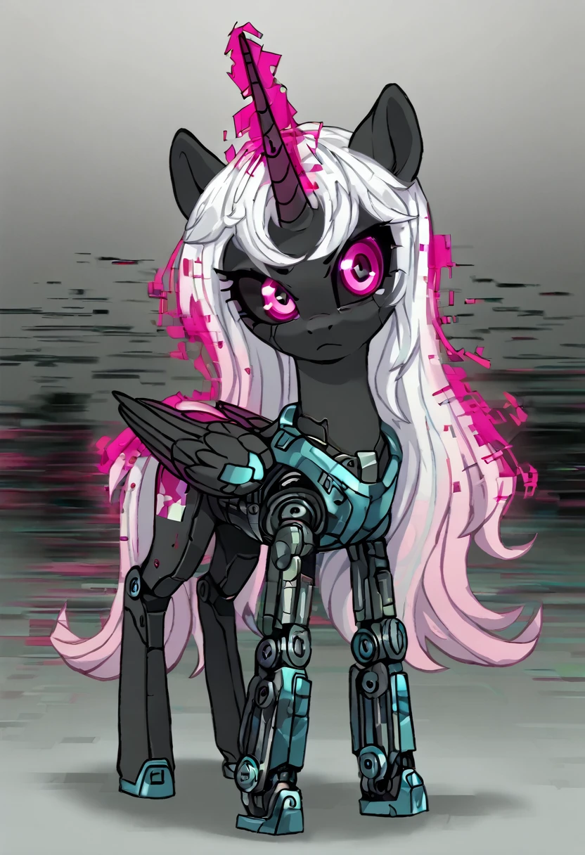 Alicorn , white mane,light blue cybernetic eyes, cybernetic body,black sclera ,black body color long flowing pony pink eyes
Right eye glitch
Error