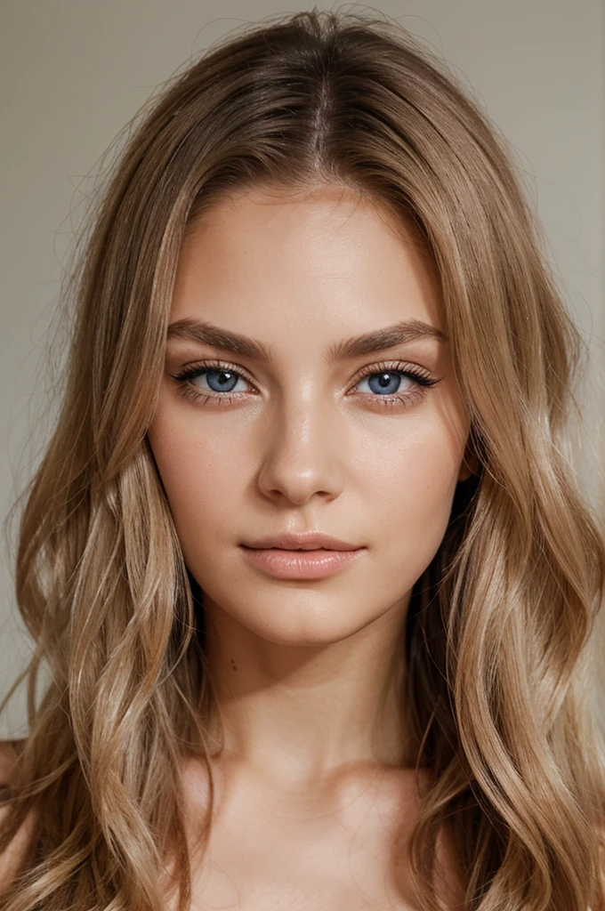 Create a image of a woman's face. She has long, wavy blonde hair that cascades down her shoulders. Her skin is fair and flawless with a subtle, natural glow. She has striking, almond-shaped blue eyes with long, dark eyelashes and finely arched eyebrows. Her nose is straight and delicate, and she has high cheekbones that add definition to her face. Her lips are full and softly pink, slightly parted in a serene expression. The lighting should highlight the texture of her skin and the shine in her hair, creating a lifelike appearance. She wears minimal makeup, enhancing her natural beauty with a touch of mascara, a hint of blush, and a nude lip gloss. The background is blurred, ensuring all focus remains on her face, emphasizing every minute detail