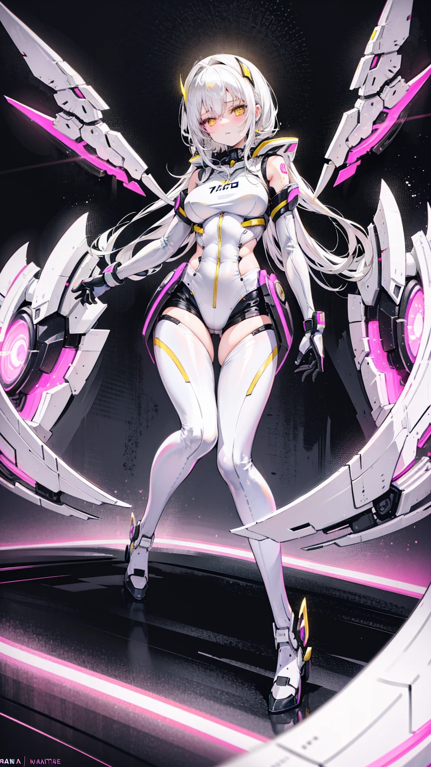 beautiful, Miss, Sexy face, Yellow eyes, White hair, slim, Sexy pose, Pink tights, Mecha, Neon, Lead Night City, Look from above, high quality, Practical, Beautiful light, fulldetail, black background